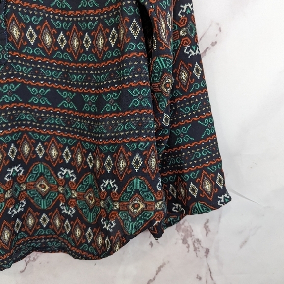 Mod Cloth Fun2Fun Blouse Women Medium Boho Tribal Navy Green Peasant Aztec Sheer - Picture 4 of 12
